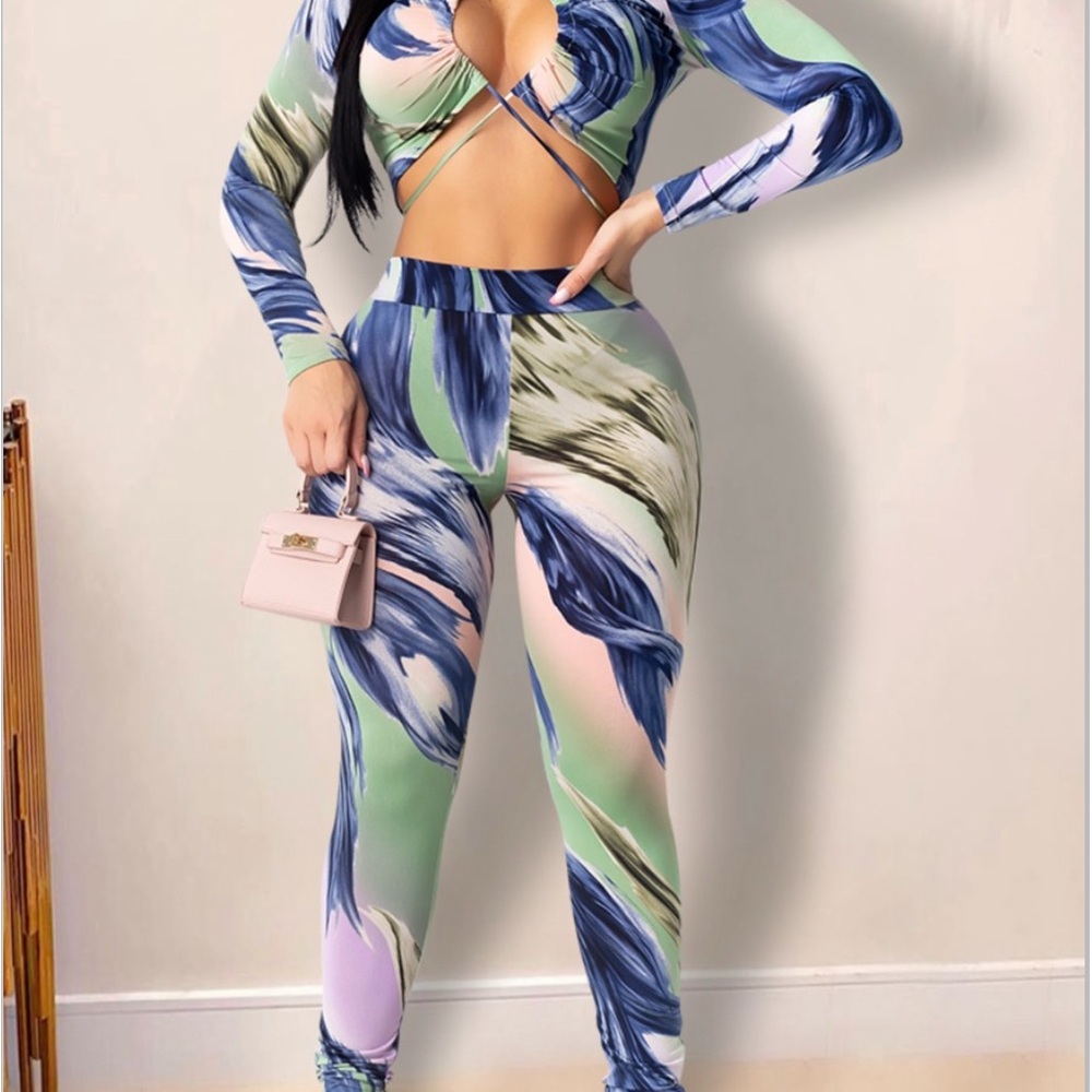 Pastel Multicolor Tie-Front Straight Leg Set